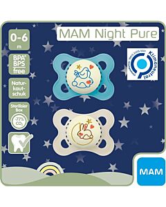 MAM Sucette Pure Night Siliconen - 0-6 mois - bleu - 2 pièces