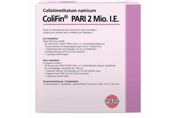 ColiFin PARI pdr inh 2 mio UI avec solvant 56 substance sèche, 60 ampoules NaCl 0.9%, 1 nébuliseur amp 56 pce