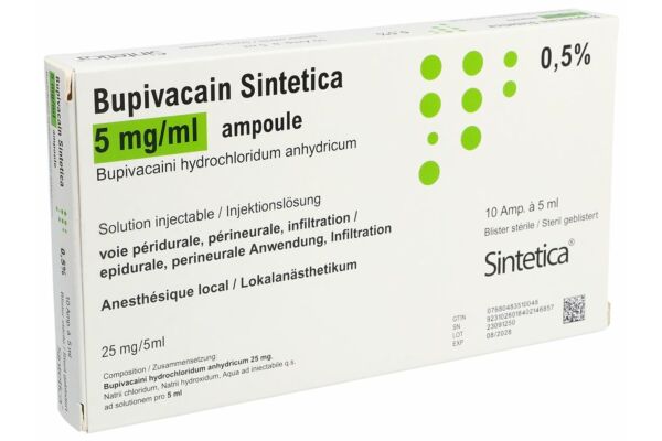 Bupivacain Sintetica Inj Lös 25 mg/5ml Ampulle in sterilen Blister 10 Stk